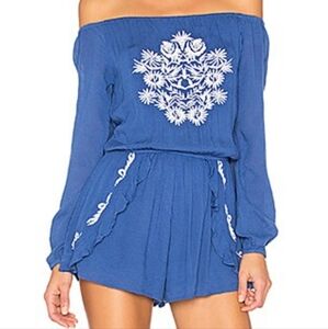 Lovers + Friends Blue and White Embroidered Carmella Romper